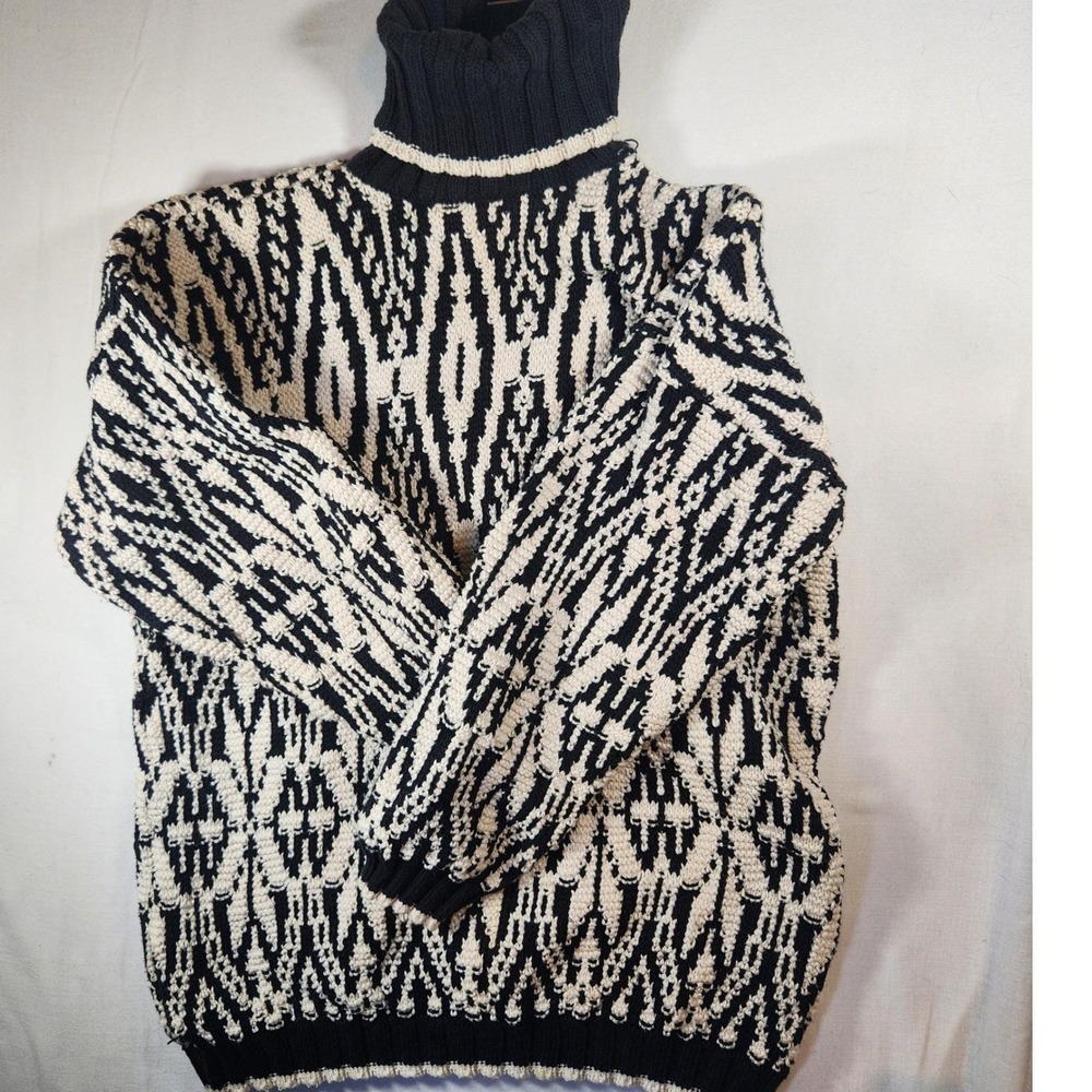 Jacob Vintage Black White Geometric Intarsia Knit Turtleneck Retro Chunky